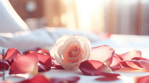 Close-up of a fresh rose flower and many petals lying on a large bed in a honeymoon hotel room. Romantic trip, room booking.
