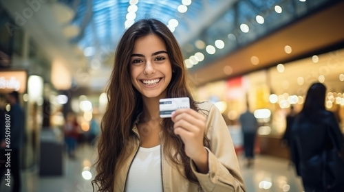 Happy teenager girl using a credit bank card in her hand against a mall background. Favorable debit plastic card service for teenagers, students and schoolchildren. photo