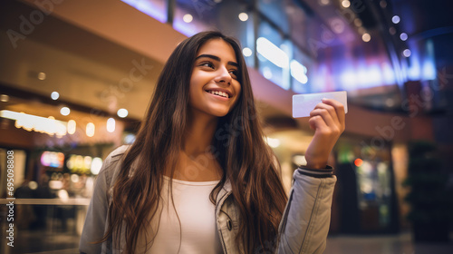 Happy teenager girl holding a credit bank card in her hand against a mall background. Favorable debit plastic card service for teenagers, students and schoolchildren. photo