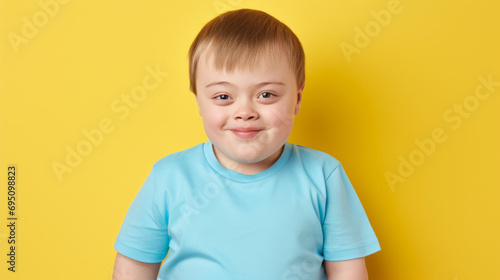 Smiling boy with down syndrome wearing blue t-shirt on yellow background