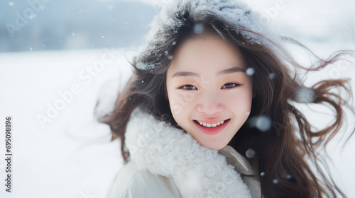 Portrait of Happy smiling teenager asian girl in warm coat enjoying snowfall in winter season. White snow, joy of winter, surprise, outdoor activities.