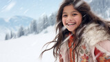 Portrait of cute smiling Indian girl enjoying snowfall in winter season. White snow, joy of winter, surprise, outdoor activities.