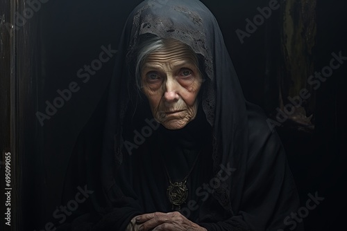 An old elderly widow in mourning attire is mourning, portrait of a grieving widow photo