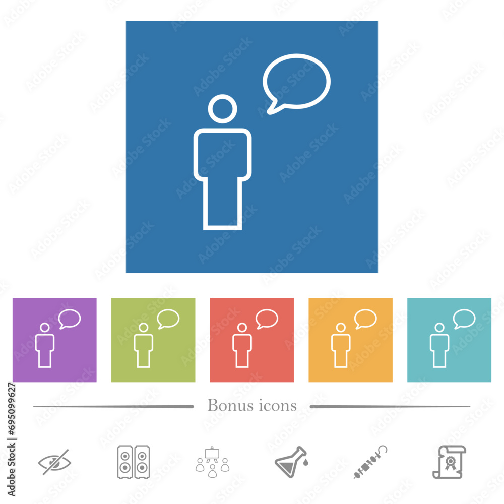 One talking person with oval bubble outline flat white icons in square backgrounds One talking person with oval bubble outline flat white icons in square backgrounds