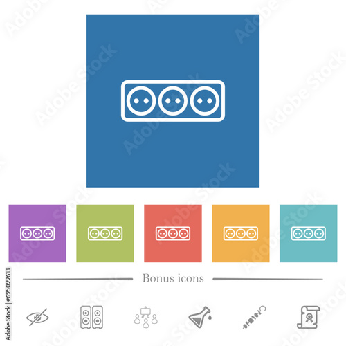 Electrical outlet with three sockets outline flat white icons in square backgrounds