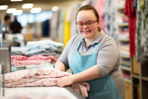 Young woman with Down syndrome working in fabric store, looking joyful and smiling. Happy woman with intellectual disability working as warehouse worker, saleswoman, sales assistant photo