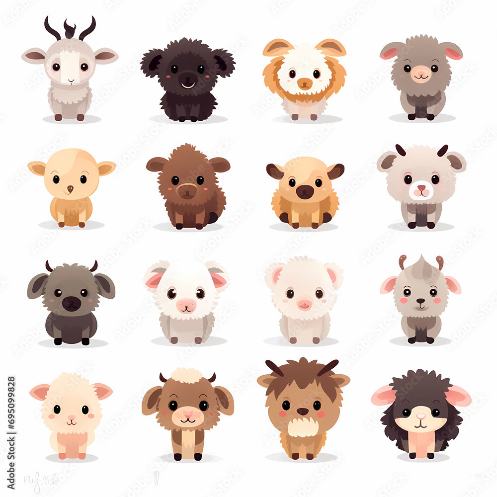 Fototapeta premium isolated set Cute farm animals on white background, animals, zoo