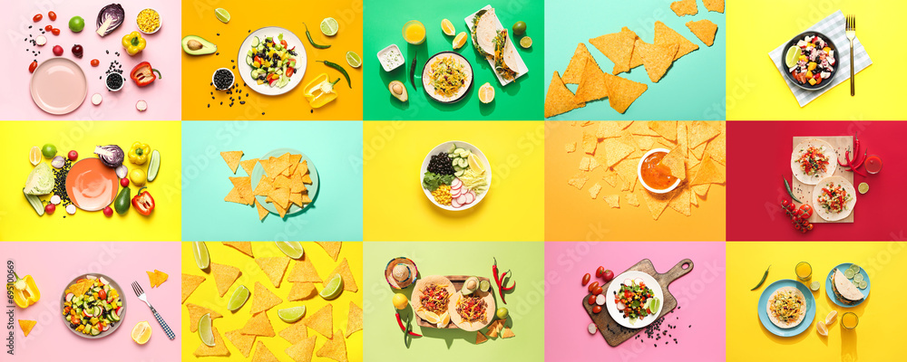Fototapeta premium Set of traditional Mexican dishes on color background, top view