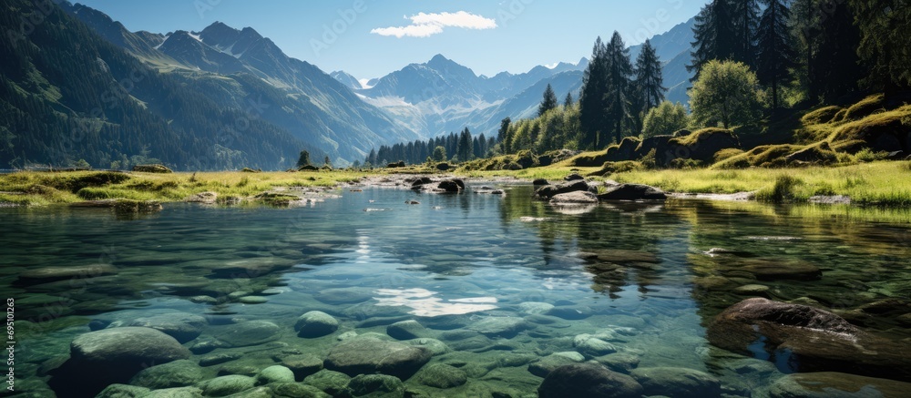 Very beautiful mountain lake in the green mountains - obrazy, fototapety, plakaty 