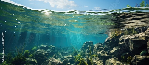 Underwater view of seabed with green Meadow