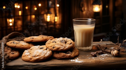 A rustic wooden table with a mug and cookies. AI generate illustration