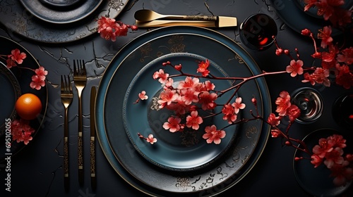 Festive table setting with flowers,dark dishes and gold cutlery.Tradition for Chinese New Year