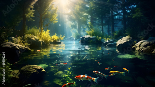 Beautiful outdoor pond with early light, dreamy place, pond garden