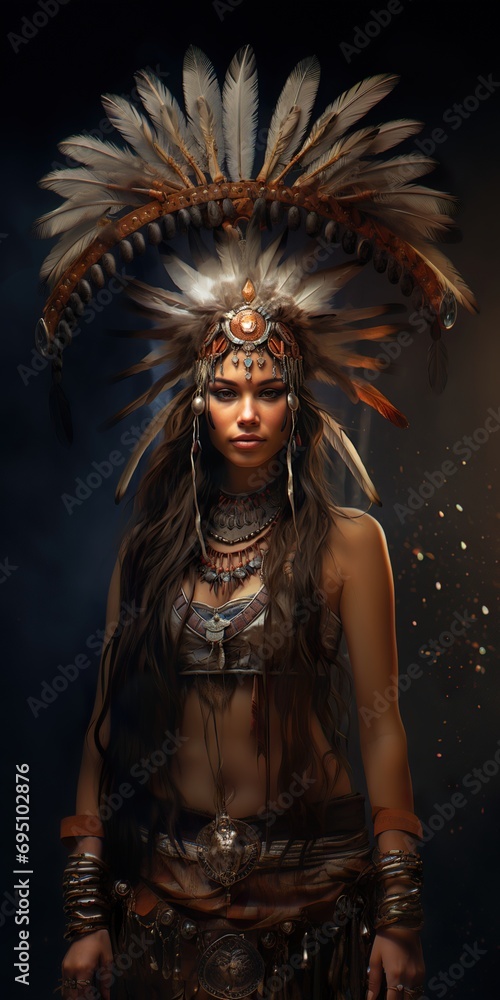 Beautiful American Indian woman in ethnic costume with feathers on dark background Beautiful American Indian woman in ethnic costume with feathers on dark background