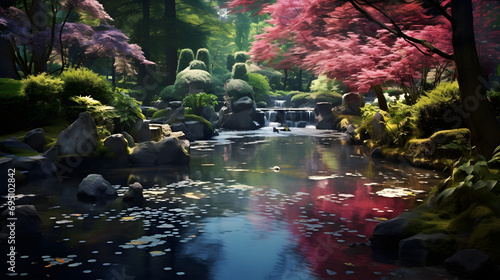 Beautiful outdoor pond with early light  dreamy place  pond garden