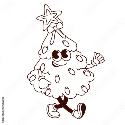 Groovy Christmas Tree haracter vector illustration. Cartoon isolated monochrome retro Xmas sticker of festive spruce with bow and cute face, garland of lights and star walking to Christmas party