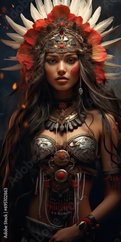 Beautiful girl in the image of an indian warrior. Tribal style.
