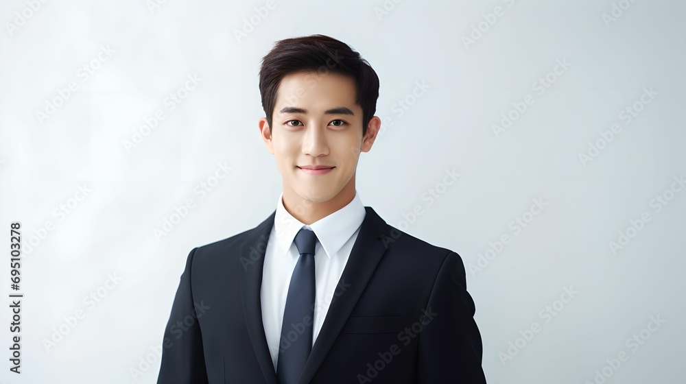 Happy Asian Businessman Close-Up, young Asian businessman, suit, left edge, white studio background Happy Asian Businessman Close-Up, young Asian businessman, suit, left edge, white studio background