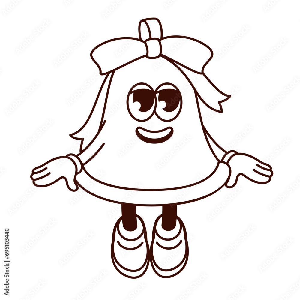 Groovy monochrome Christmas bell character vector illustration. Cartoon isolated retro Xmas sticker of cute golden bell with ribbon bow and funny smile on face, winter decoration mascot Groovy monochrome Christmas bell character vector illustration. Cartoon isolated retro Xmas sticker of cute golden bell with ribbon bow and funny smile on face, winter decoration mascot