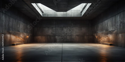Concrete garage background, futuristic design of dark gray warehouse, grungy minimalist interior of modern industrial room or hall. Concept of wall, vintage, studio, building
