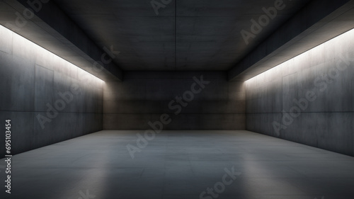 Concrete room background  minimalist design of dark gray garage or warehouse with led light  grungy interior of modern underground hall. Concept of wall  studio  industry  building