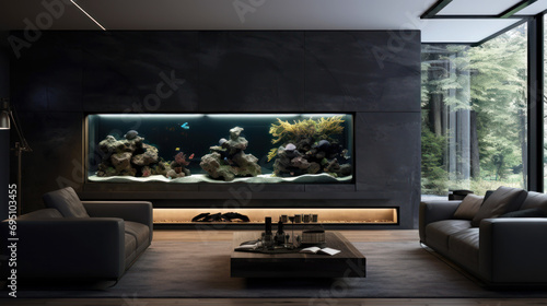 Modern home interior design, luxury aquarium inside villa or mansion. Dark contemporary living room of house in forest. Concept of minimalist eco style, nature photo