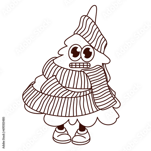 Groovy monochrome Christmas Tree character vector illustration. Cartoon isolated retro Xmas sticker of funny spruce freeze, unhappy mascot wrapped in warm wool scarf to keep warm in Christmas cold