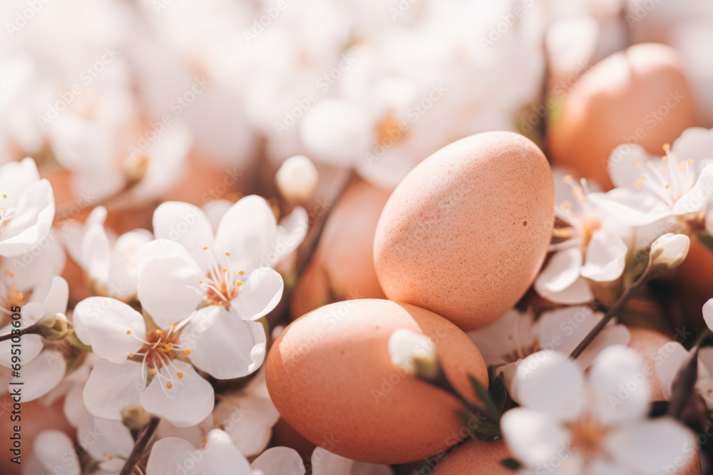 Chicken eggs nestled among white cherry blossoms, with a soft-focus background.