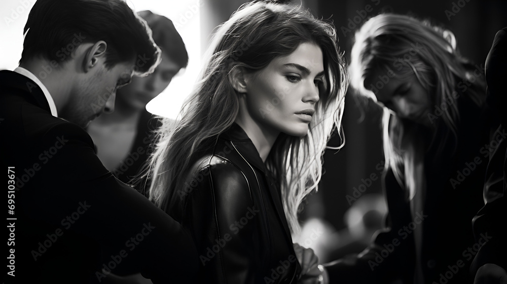 In a black and white photograph, a team of individuals meticulously organizes everything around a supermodel in preparation for a fashion shoot. In a black and white photograph, a team of individuals meticulously organizes everything around a supermodel in preparation for a fashion shoot.