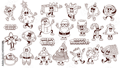Cartoon Christmas monochrome stickers set vector illustration. Groovy isolated Xmas collection of funny characters for fun holidays, Santa Claus and Christmas Tree, gingerbread man and balls, coffee