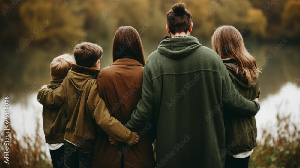 A family of five, seen from behind, embracing each other while looking at a lake surrounded by autumn foliage.