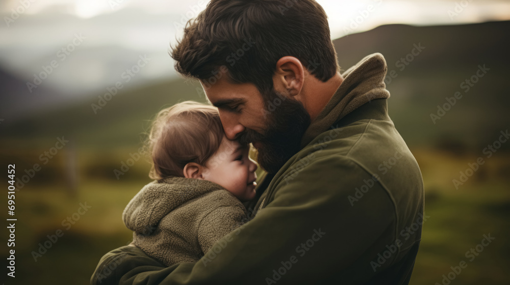 A serene scene with a bearded father holding his toddler close, both enjoying a moment of affection in a scenic mountain landscape. A serene scene with a bearded father holding his toddler close, both enjoying a moment of affection in a scenic mountain landscape.