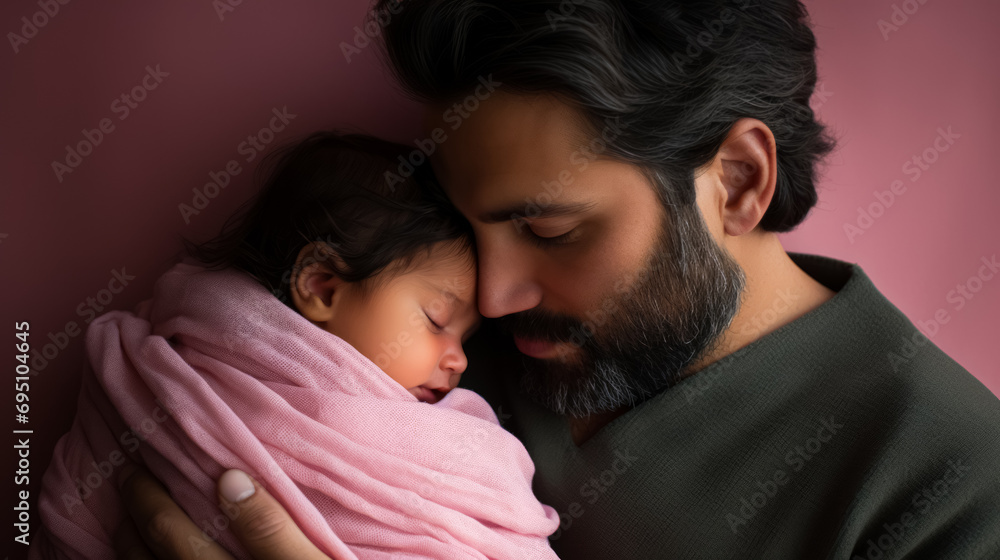 Tender portrait of a bearded man gently holding a sleeping baby wrapped in a pink blanket against his cheek, with a soft-focus pink background. Tender portrait of a bearded man gently holding a sleeping baby wrapped in a pink blanket against his cheek, with a soft-focus pink background.