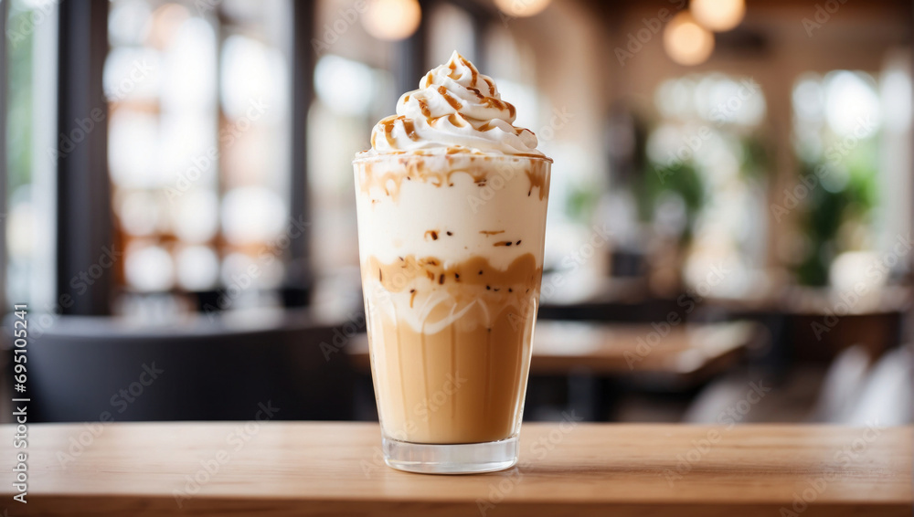 Milkshake with coffee and whipped cream on wooden table top in front, blurred cafe background. Sweet ice cream dessert in glass, horizontal banner. Coffee cocktail with white cream, generated by AI Milkshake with coffee and whipped cream on wooden table top in front, blurred cafe background. Sweet ice cream dessert in glass, horizontal banner. Coffee cocktail with white cream, generated by AI
