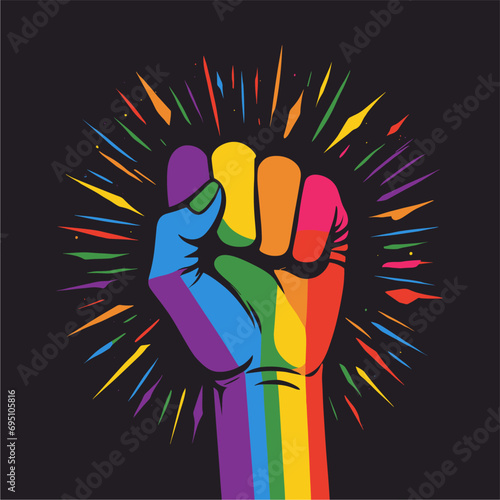 Vector lgbt fist in rainbow colors on background of firework
on night sky.
Lgbt hand. Colored fingers in fist. Symbol of mutual support.
Cartoon print for t-shirt with
elements of lgbt community.