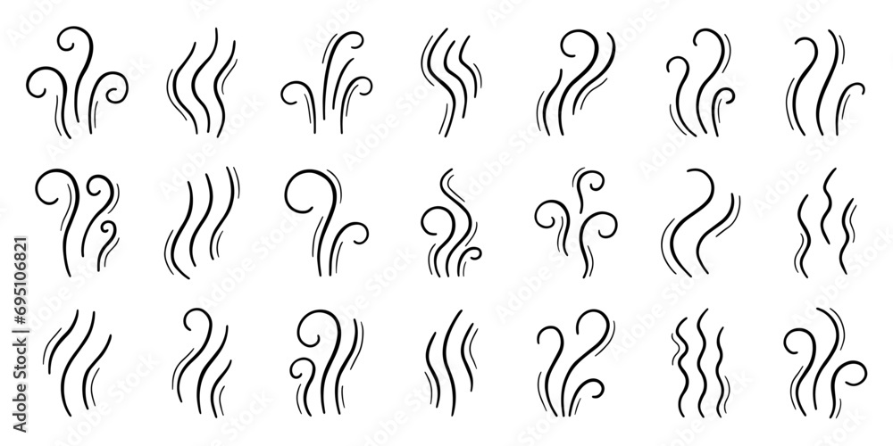 Fire steam doodle set. Line smoke, aroma, smell, waves from food and beverages in sketch style. Hand drawn vector illustration isolated on white background - obrazy, fototapety, plakaty 