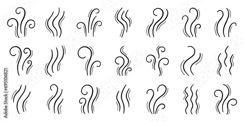 Fire steam doodle set. Line smoke, aroma, smell, waves from food and beverages in sketch style. Hand drawn vector illustration isolated on white background