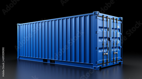 Blue metal freight shipping container isolated on black. Transport Concept.