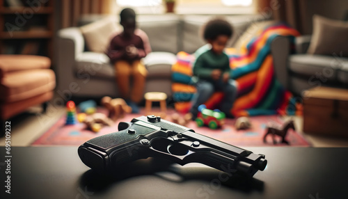 Black hand gun on a table, background small children playing with toys on a colorful blanket on the floor.A unsecured gun in the home can be very dangerous, especially for children.