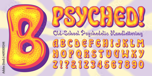 Psyched; a classic old school psychedelic handlettering style with rounded letters, swirly inlines, and stippled dots. Bright saturated color scheme is great for posters and album covers.
