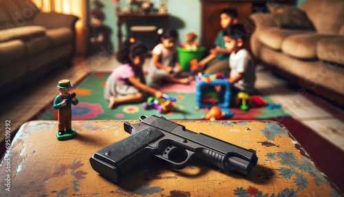 Black hand gun on a table, background small children playing with toys on a colorful blanket on the floor.A unsecured gun in the home can be very dangerous, especially for children.