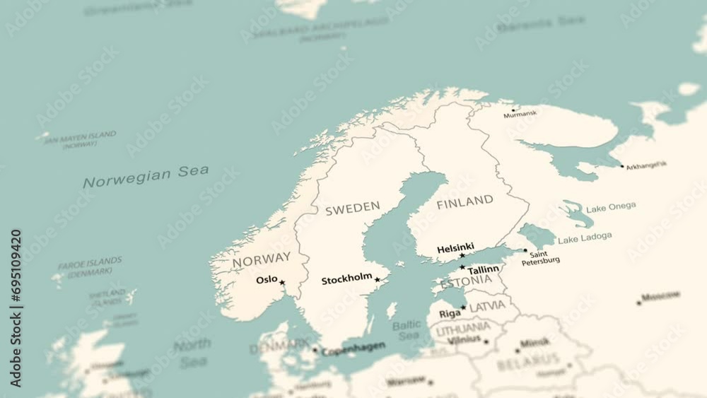 Norway on the world map. Smooth map rotation. 4K animation.