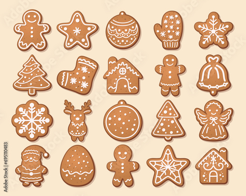 Flat Vector Gingerbread Set. Christmas Icons. Gingerbread Design Template, Holiday Winter Symbol. New Year Cookies, Sweets Concept. Vector illustration