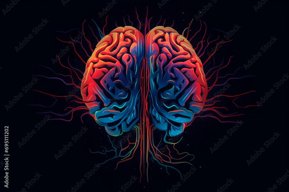Human brain activity with plexus lines.. External cerebral connections in the frontal lobe. Communication, psychology, artificial intelligence or AI, cognition concepts illustration with copy space. - obrazy, fototapety, plakaty 