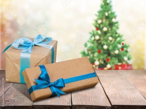 Christmas gifts decorated boxes on desk © BillionPhotos.com