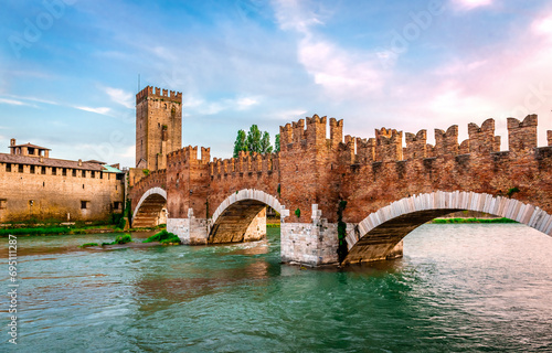 The Castelvecchio Bridge (aka Scaliger Bridge), a medieval fortified bridge that spans river Adige in Verona, Veneto, Italy.