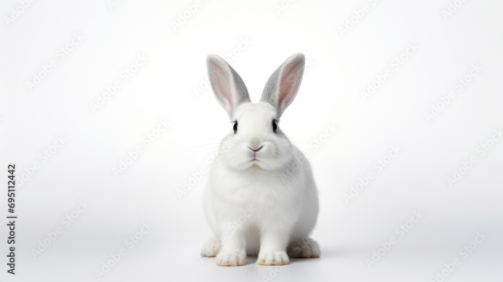 A white rabbit with large ears on a white background. With copy space. Banner. Cute bunny. Ideal for pet, Easter, or wildlife content.