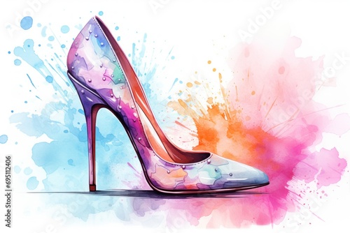 Watercolor fashion women high-heeled shoe against a background of splashes and stains. In light rainbow colors. Ideal for fashion blogs or retail advertisements photo