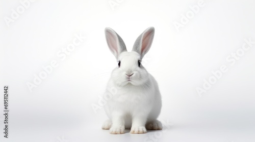 A white rabbit with large ears on a white background. With copy space. Banner. Cute bunny. Ideal for pet, Easter, or wildlife content.