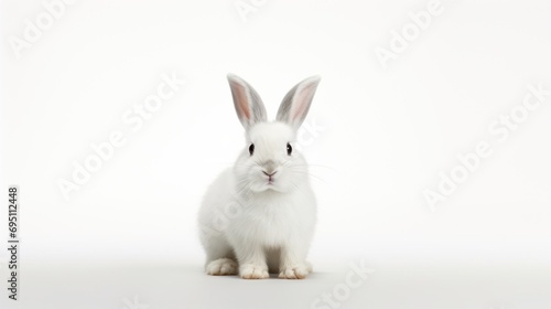 A white rabbit with large ears on white background. With copy space. Banner. Cute bunny. Ideal for pet, Easter, or wildlife content.